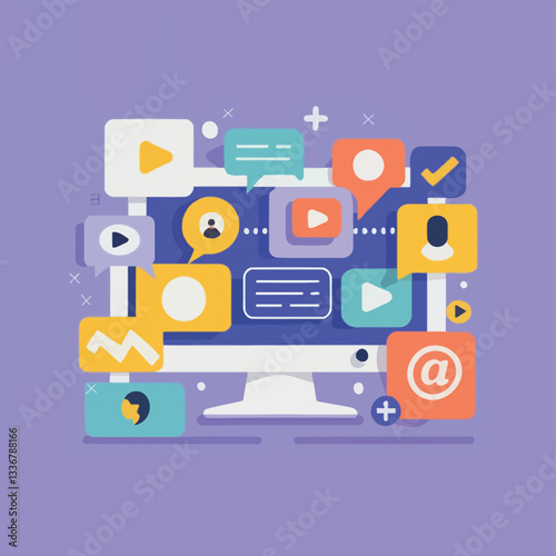 2d vector illustration colorful social media boost , influence blogger E-marketer via Internet pages marketing referral
