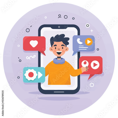2d vector illustration colorful social media boost , influence blogger E-marketer via Internet pages marketing referral
