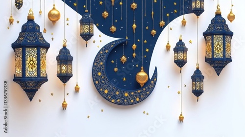 A stunning 3D vector Ramadan illustration featuring a colorful crescent moon with delicate patterns, a radiant lantern, and a glowing candle. 