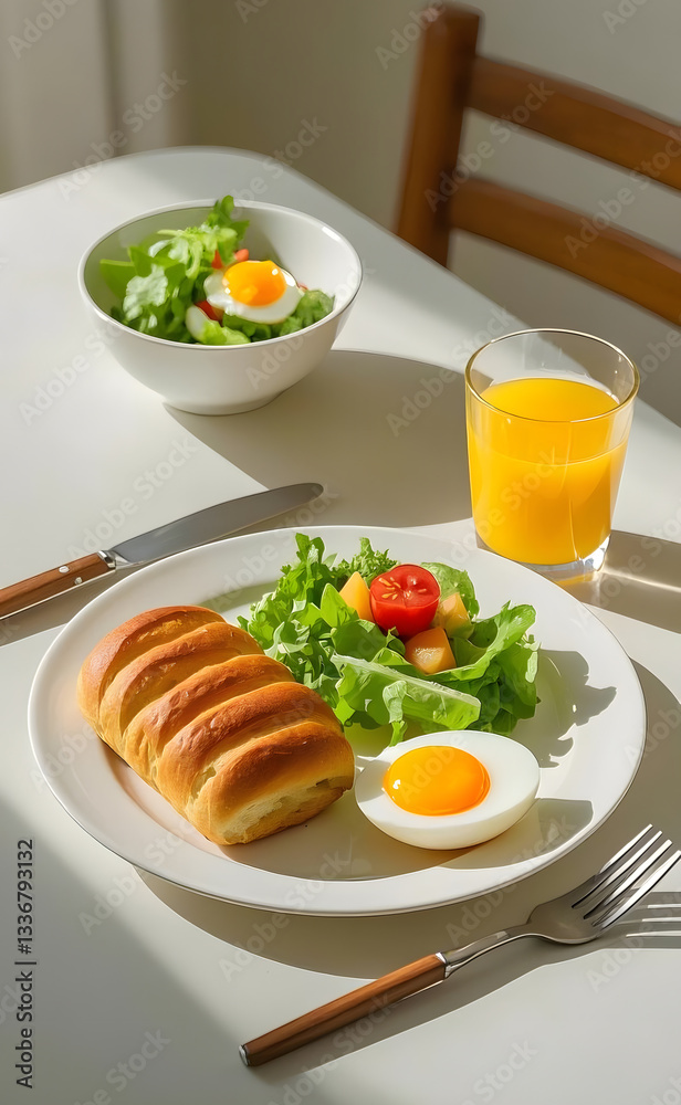 Breakfast on white plate and a cup of orange juice in luxury hotel Breakfast on white plate and a cup of orange juice in luxury hotel