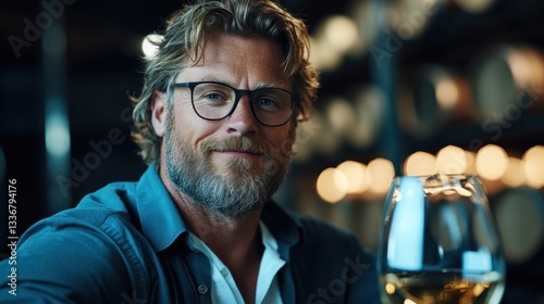 A sommelier beams with a glass of white wine in a stylish barrel room, reflecting a mood of conviviality and expertise that enhances the wine tasting experience for enthusiasts.