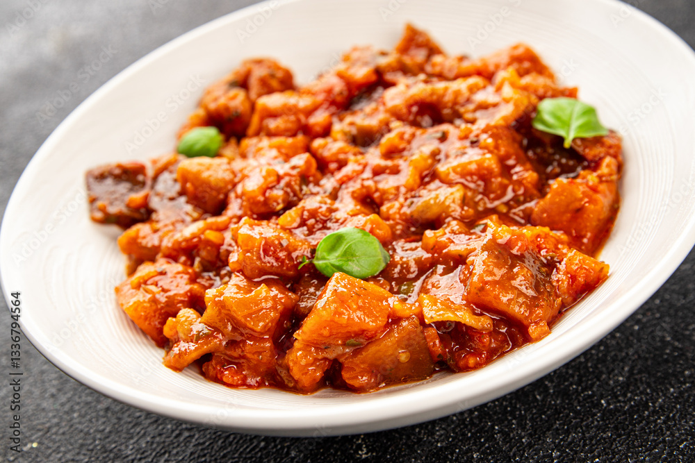 Eggplant stew dish vegetables salad tasty fresh delicious gourmet food background on table rustic food top view copy space keto and paleo diet vegetarian and vegan food Eggplant stew dish vegetables salad tasty fresh delicious gourmet food background on table rustic food top view copy space keto and paleo diet vegetarian and vegan food