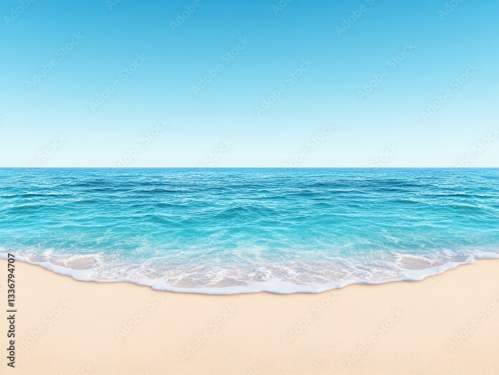 Serene beach scene with turquoise waves lapping at golden sand under a clear sky Serene beach scene with turquoise waves lapping at golden sand under a clear sky
