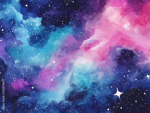 Vibrant cosmic watercolor illustration. Colorful space background with stars. Mystical magic background with stars, galaxies, universe in pink and blue colors. Space galaxy background