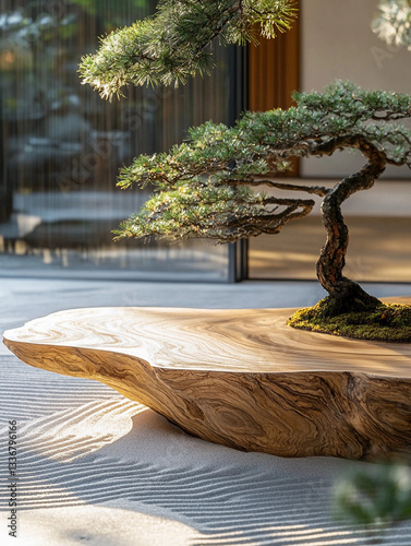 Minimalist Japanese Zen meditation garden with bonsai tree, rocks, and sand on sculpted wooden platform. for wellness branding, meditation, spa marketing, interior design, eco lifestyle promotions. 