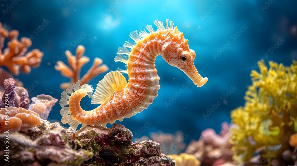 Graceful Seahorse Entwined in Coral Branch in Deep Blue Marine Nature Photography with Copy Space for Text Graceful Seahorse Entwined in Coral Branch in Deep Blue Marine Nature Photography with Copy Space for Text