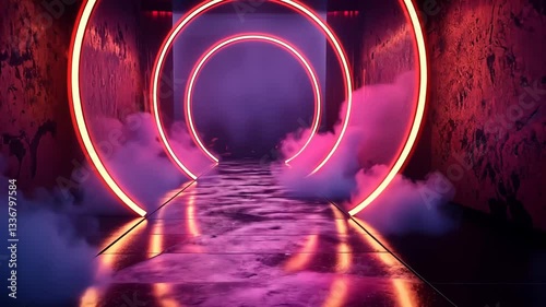 Neon tunnel with glowing rings and fog