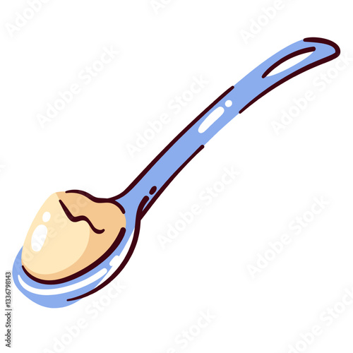 Sour cream, yogurt or curd in spoon. Funny natural creme food ingredient in kitchen tool for cooking or eating. Dairy product mascot, soft cheese, ricotta spoon cartoon vector illustration