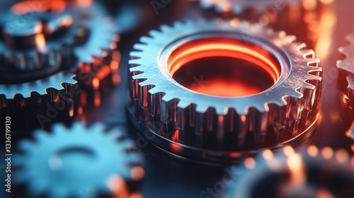 Mechanical engineering action close-up of gears industrial setting high-detail photography dynamic perspective