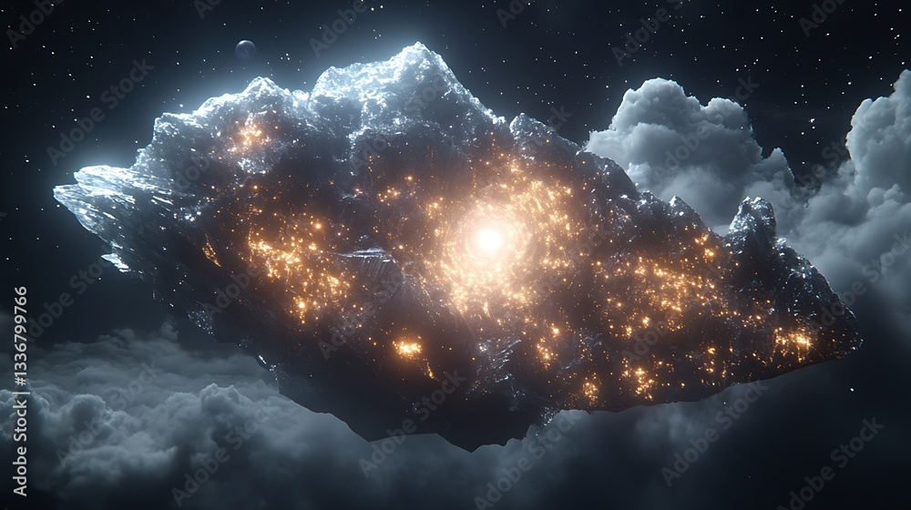 Glowing asteroid amidst cosmic clouds