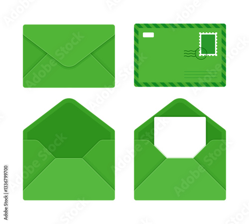 Set of dark green envelopes in different styles, including closed, open, and with a letter. Mail, correspondence, and stationery concept. Flat vector illustration isolated on white background