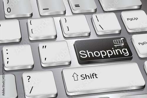 Shopping: the inscription on the keyboard button. Black color. Vector graphics.