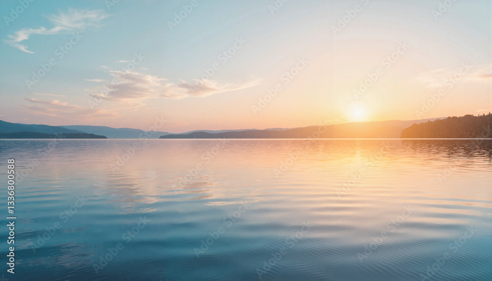 Fototapeta premium Serene lakeside sunrise with gentle ripples, tranquility of nature