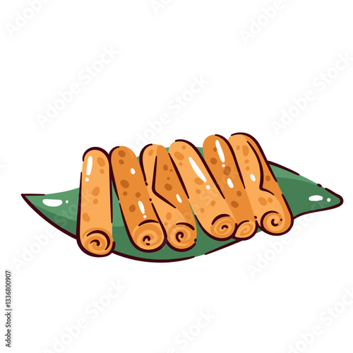 Spring rolls Chinese cuisine on banana leaf plate. Chinese rolled crispy food, pancake wrapper with vegetarian or meat filling. Asian cuisine, fried dim sum roll snack cartoon vector illustration.