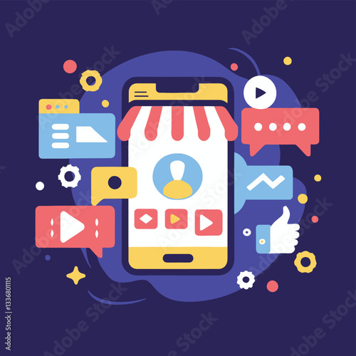 2d vector illustration colorful social media boost , influence blogger E-marketer via Internet pages marketing referral
