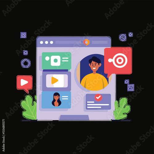 2d vector illustration colorful social media boost , influence blogger E-marketer via Internet pages marketing referral
