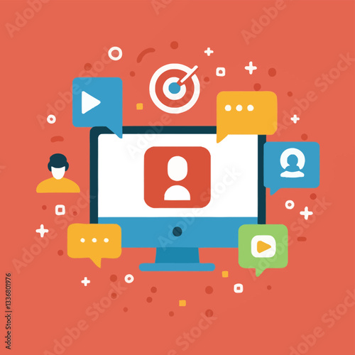 2d vector illustration colorful social media boost , influence blogger E-marketer via Internet pages marketing referral
