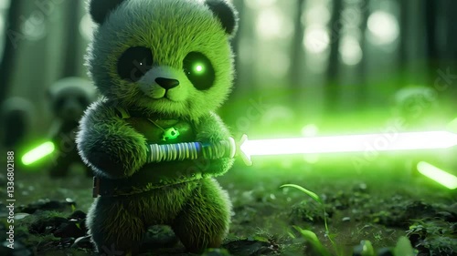 A charming scene of cute panda warriors wielding glowing lightsabers in a mystical forest. Perfect for projects focused on adventure and fantasy themes.