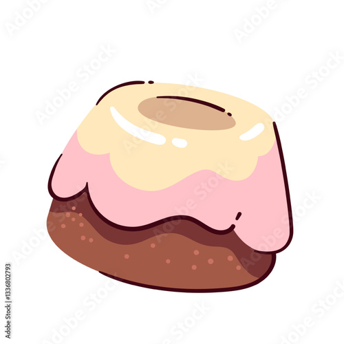 Rum baba, cake with sugar syrup, raisins and fondant. Baked glazed Bundt cake of cylinder shape. Pastry, sweet bakery menu mascot, gourmet dessert cartoon vector illustration