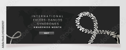 Ehlers Danlos Syndromes awareness campaign banner with Zebra Colored ribbon symbols on gradient pastel light Grey background and space for text.