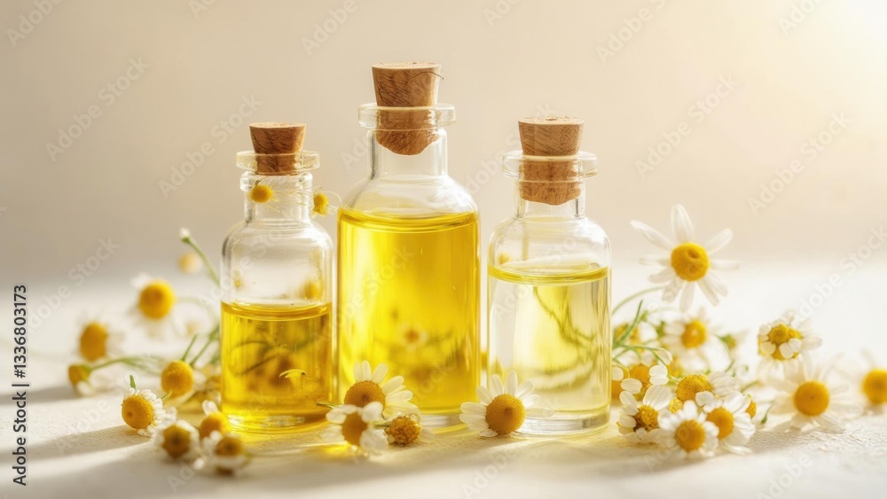 Essential oils arranged with chamomile flowers on a light background for wellness Essential oils arranged with chamomile flowers on a light background for wellness