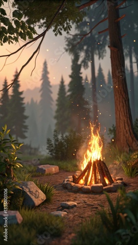 Bonfire in Misty Woodland