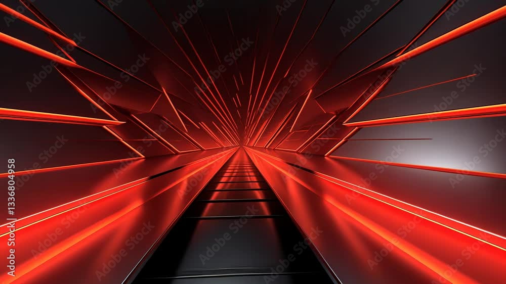 Futuristic tunnel with vibrant red lighting.  A perspective view of a sleek, dark tunnel with angular metallic panels, illuminated by intense red light that creates a dynamic and powerful atmosphere