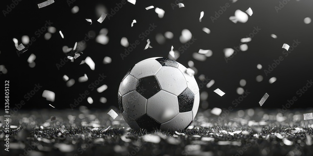 Naklejka premium A soccer ball is surrounded by confetti