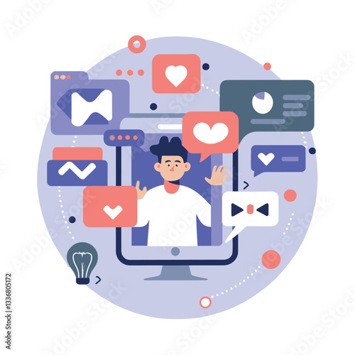 2d vector illustration colorful social media boost , influence blogger E-marketer via Internet pages marketing referral
