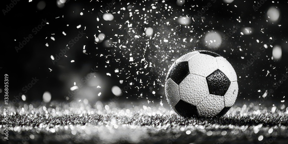 Fototapeta premium A black and white photo of a soccer ball on a field with snow in the background