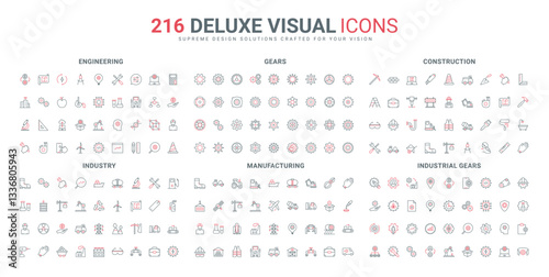 Industrial technology and engineering, gears and cog wheels of engine, mechanism line icon set. Construction industry optimization, robots thin black and red outline symbols vector illustration