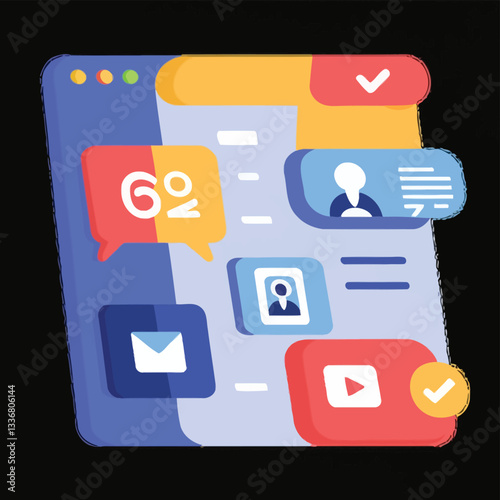 2d vector illustration colorful social media boost , influence blogger E-marketer via Internet pages marketing referral
