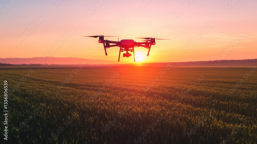 A drone hovers over a vast green field at sunrise, capturing the golden hues of morning light on the agricultural landscape. A drone hovers over a vast green field at sunrise, capturing the golden hues of morning light on the agricultural landscape.