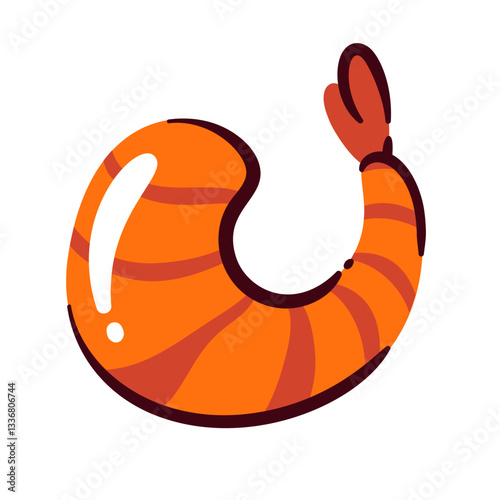 Peeled orange shrimp without head. Headless shrimp with tail cartoon vector illustration.