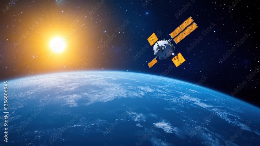 Naklejka premium A satellite orbits Earth against a backdrop of the sun rising, showcasing the beauty of space and technology.