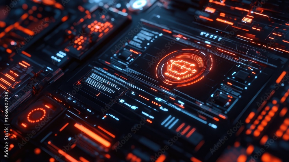 A futuristic D-rendered computer logo with digital connectivity elements. A futuristic D-rendered computer logo with digital connectivity elements.