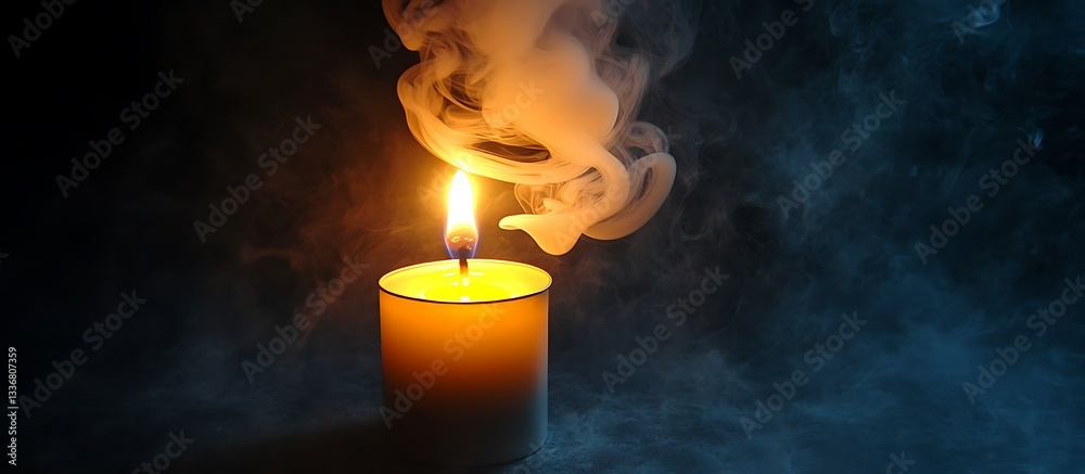 Lit candle in smoky dark room