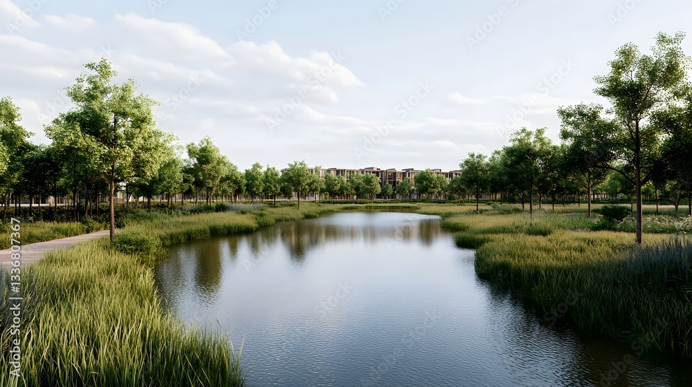 Fototapeta premium Peaceful Urban Nature Reserve with Serene Wetlands and Blended Conservation Areas