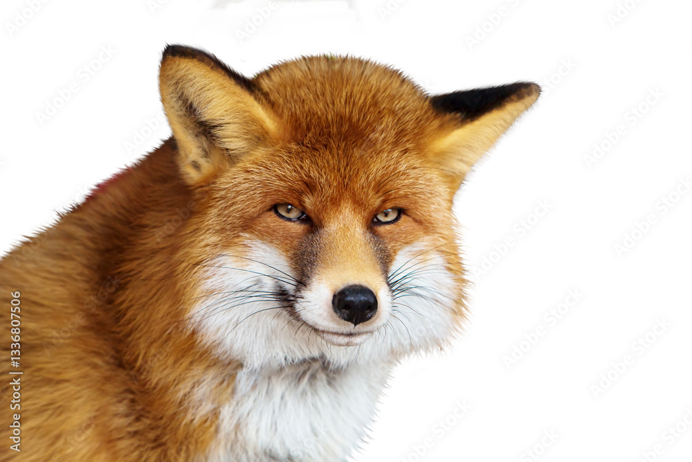 Portrait of a fluffy red fox isolated on a white background. Portrait of a fluffy red fox isolated on a white background.