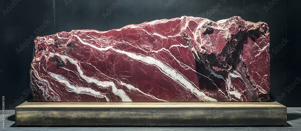Red stone slab on stand, dark background