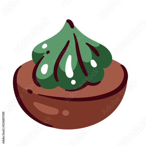 Wasabi sauce swirl on bowl. Food ingredient, seasoning and traditional spicy condiment portion for sushi. Asian cuisine mascot green wasabi serving cartoon vector illustration