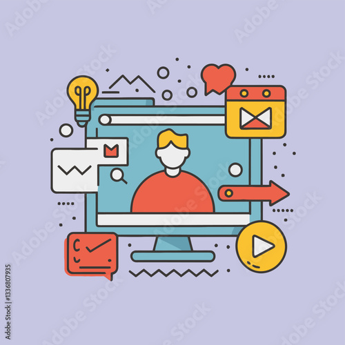 2d vector illustration colorful social media boost , influence blogger E-marketer via Internet pages marketing referral
