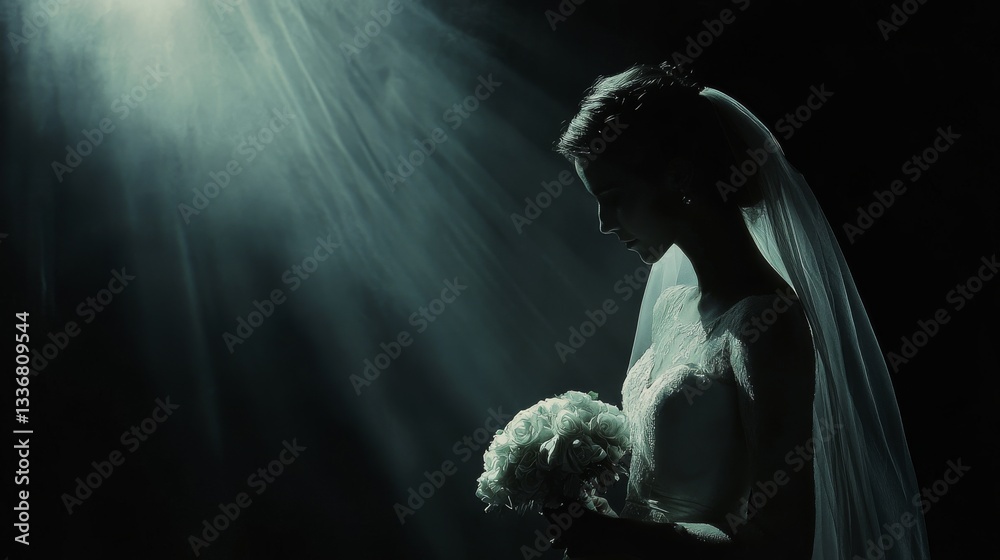 Elegant caucasian female bride in profile with bouquet under dramatic spotlight Elegant caucasian female bride in profile with bouquet under dramatic spotlight