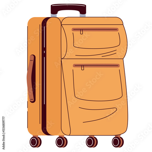 Fabric cartoon suitcase of tourists luggage. Big yellow case with zipper pockets and wheels, handle to carry. Baggage, world tour mascot, suitcase handbag cartoon vector illustration