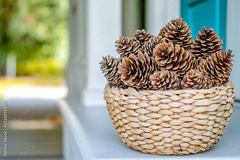 Fototapeta premium Rustic Pine Cone Display in a Wicker Basket