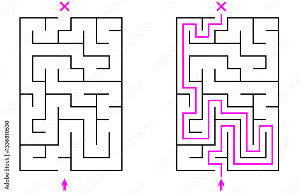 Vector vertical rectangular labyrinth with entry and exit. Difficulty level - easy. Children logic game. Not hard riddle solated on white background for kids and parents with solution
