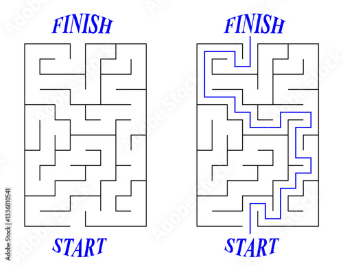 Vector vertical rectangular labyrinth with entry and exit. Difficulty level - easy. Children logic game. Not hard riddle solated on white background for kids and parents with solution