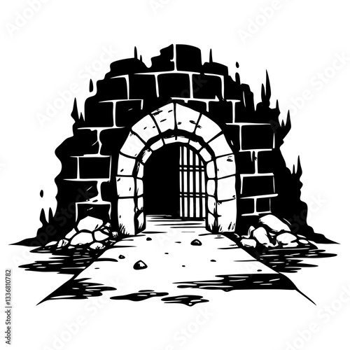 an illustration of the entrance to a dark stone castle with a gated archway. It looks mysterious and foreboding. The path leads to the entrance, inviting the viewer in. 