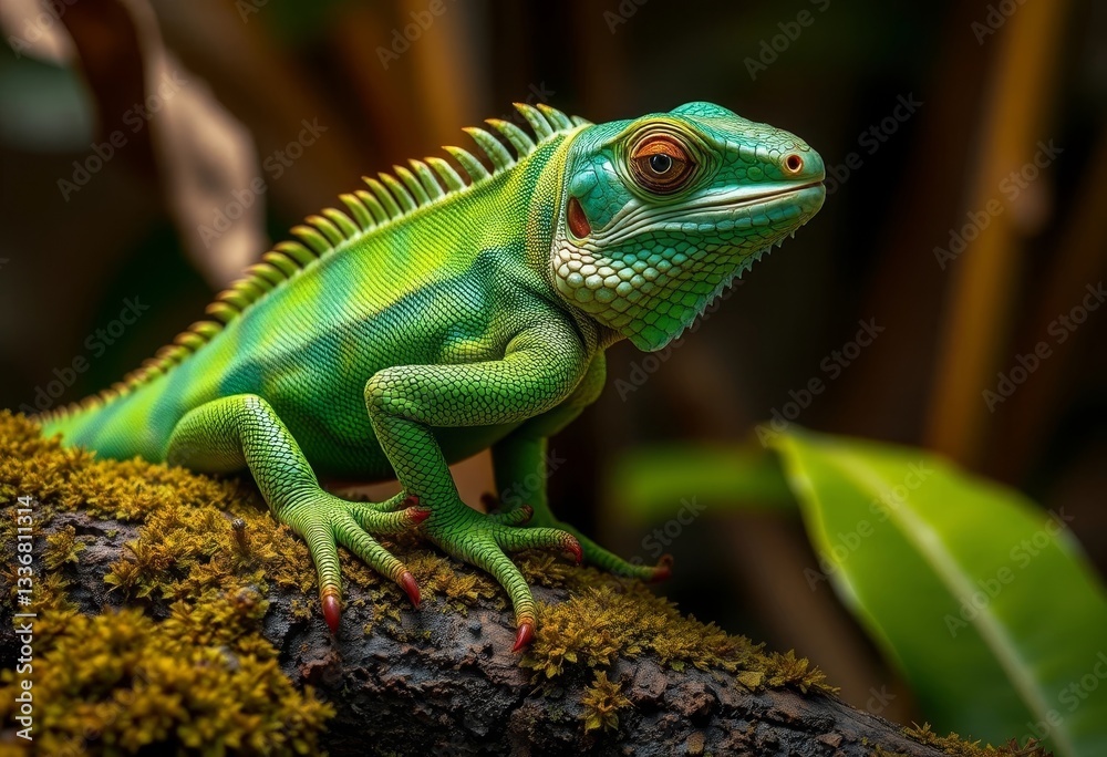 Vibrant Green Lizard Perched on Mossy Branch, Showing Intricate Scales and Striking Features in a Lush Natural Setting Vibrant Green Lizard Perched on Mossy Branch, Showing Intricate Scales and Striking Features in a Lush Natural Setting