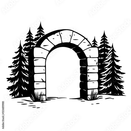 an arched stone entrance leading to a forest. The scene is depicted in a classic black and white illustration style. The archway symbolizes a passage vector illustration